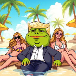 A cartoon-style illustration featuring a relaxed Donald Trump with a Pepe the Frog meme face, lounging on a tropical beach surrounded by attractive women in bikinis