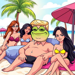 A cartoon-style illustration featuring a relaxed Donald Trump with a Pepe the Frog meme face, lounging on a tropical beach surrounded by attractive women in bikinis