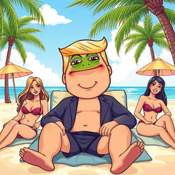 A cartoon-style illustration featuring a relaxed Donald Trump with a Pepe the Frog meme face, lounging on a tropical beach surrounded by attractive women in bikinis