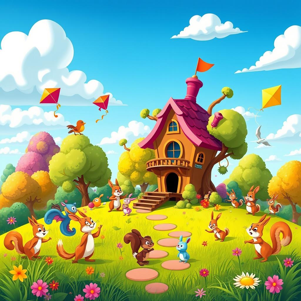 A vibrant and colorful cartoonish landscape featuring a whimsical treehouse in the center, surrounded by friendly animal characters like squirrels, birds, and rabbits