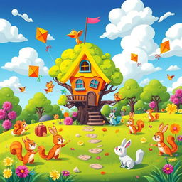 A vibrant and colorful cartoonish landscape featuring a whimsical treehouse in the center, surrounded by friendly animal characters like squirrels, birds, and rabbits