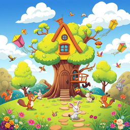 A vibrant and colorful cartoonish landscape featuring a whimsical treehouse in the center, surrounded by friendly animal characters like squirrels, birds, and rabbits