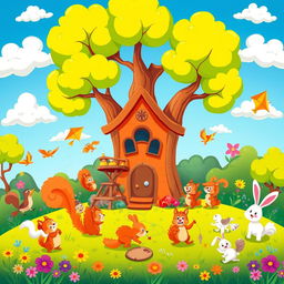 A vibrant and colorful cartoonish landscape featuring a whimsical treehouse in the center, surrounded by friendly animal characters like squirrels, birds, and rabbits