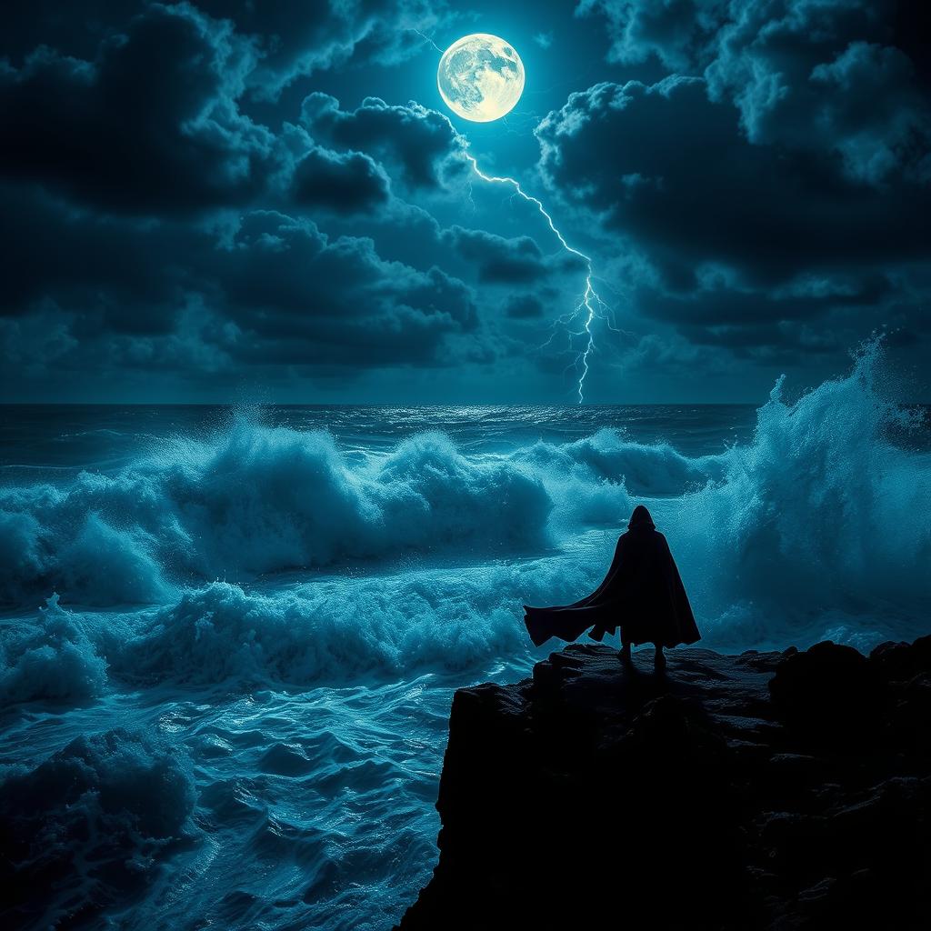 A dramatic night scene featuring a rocky coastline with powerful, crashing waves illuminated by the moonlight