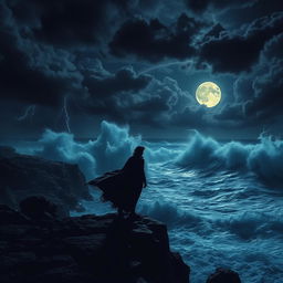 A dramatic night scene featuring a rocky coastline with powerful, crashing waves illuminated by the moonlight