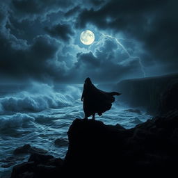 A dramatic night scene featuring a rocky coastline with powerful, crashing waves illuminated by the moonlight