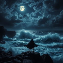 A dramatic night scene featuring a rocky coastline with powerful, crashing waves illuminated by the moonlight