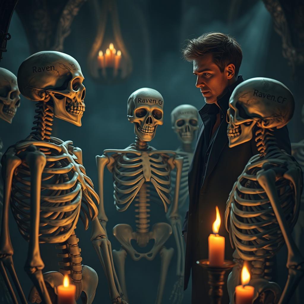 A man engaged in conversation with a group of skeletons, standing in an eerie yet captivating setting