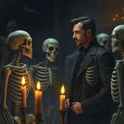 A man engaged in conversation with a group of skeletons, standing in an eerie yet captivating setting