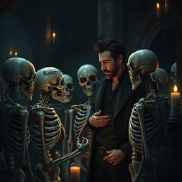 A man engaged in conversation with a group of skeletons, standing in an eerie yet captivating setting