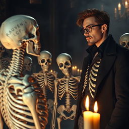 A man engaged in conversation with a group of skeletons, standing in an eerie yet captivating setting
