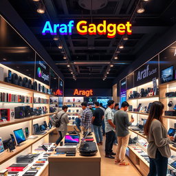 A lively gadgets shop background featuring a modern space filled with various electronic devices and accessories