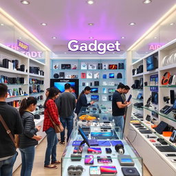 A lively gadgets shop background featuring a modern space filled with various electronic devices and accessories