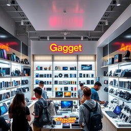 A lively gadgets shop background featuring a modern space filled with various electronic devices and accessories