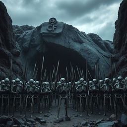 An army of skeletons gathered in formation before a massive cave, creating an imposing yet intriguing scene