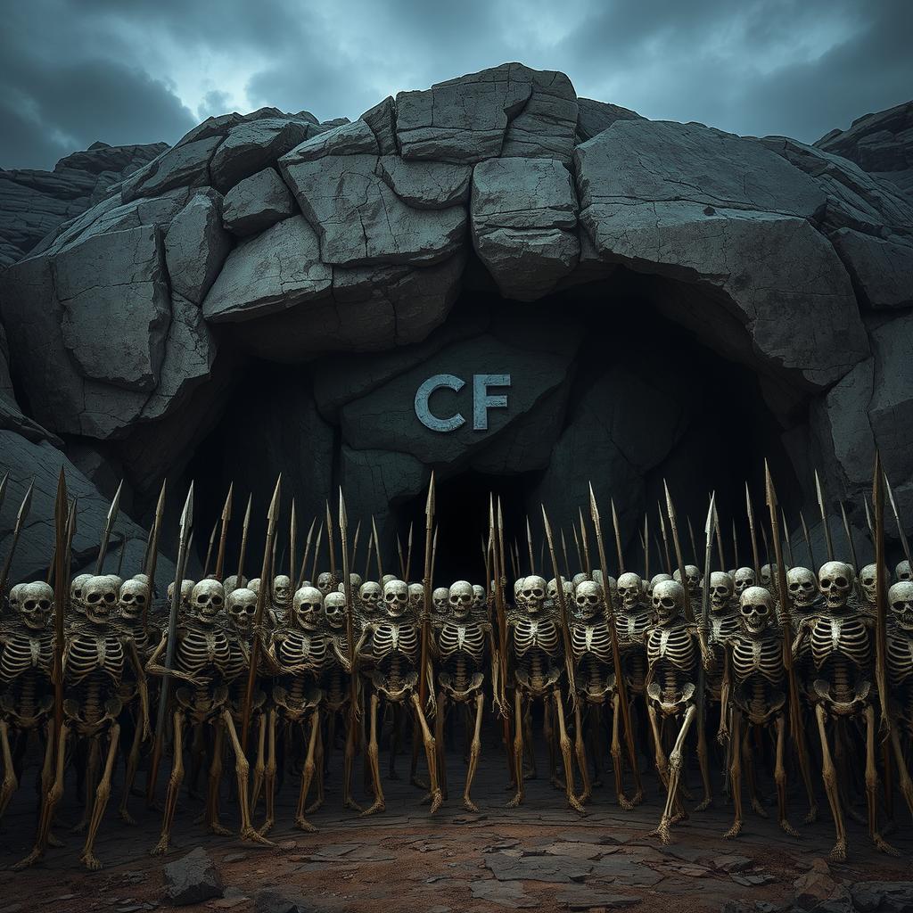 An army of skeletons gathered in formation before a massive cave, creating an imposing yet intriguing scene