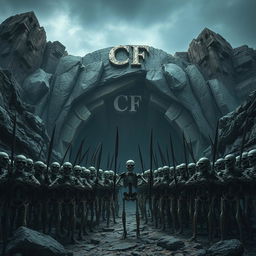 An army of skeletons gathered in formation before a massive cave, creating an imposing yet intriguing scene