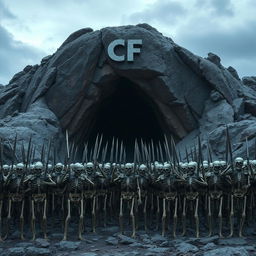 An army of skeletons gathered in formation before a massive cave, creating an imposing yet intriguing scene