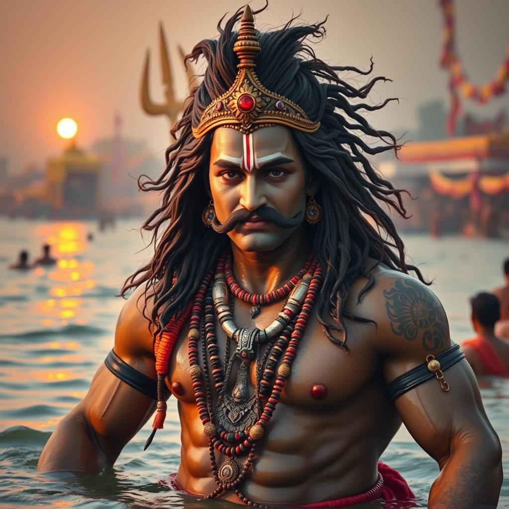 An imposing figure of Lord Shiva depicted as a Rajput warrior with long flowing hair and a prominent mustache, showcasing a strong bodybuilder physique