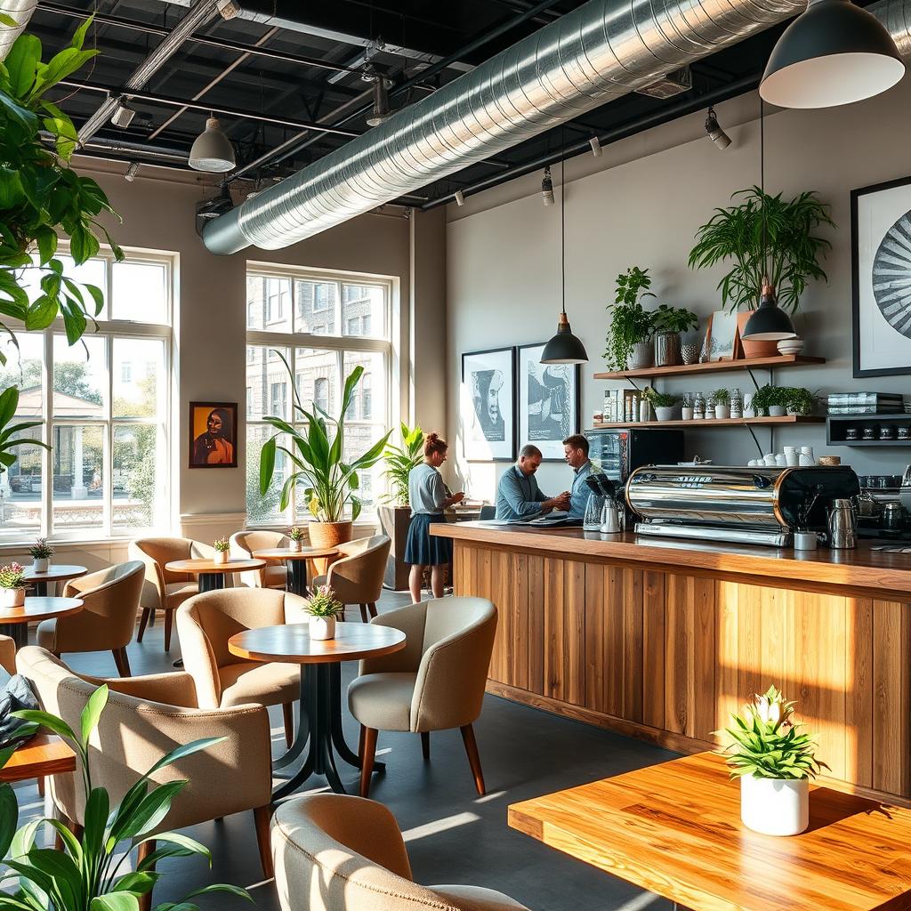 A beautifully designed coffeeshop featuring cozy seating areas with plush armchairs and rustic wooden tables, bright natural light pouring in through large windows, decorated with lush green plants and modern art pieces on the walls