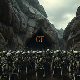 An army of skeletons gathered in formation before a vast cave, where the initials 'CF' are boldly emblazoned above the entrance in an imposing manner