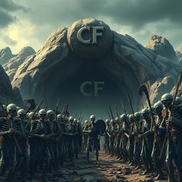 An army of skeletons gathered in formation before a vast cave, where the initials 'CF' are boldly emblazoned above the entrance in an imposing manner