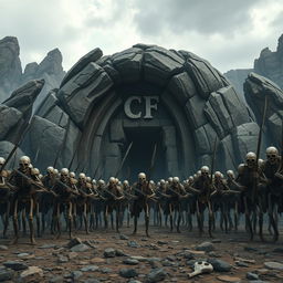An army of skeletons gathered in formation before a vast cave, where the initials 'CF' are boldly emblazoned above the entrance in an imposing manner