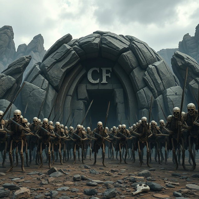 An army of skeletons gathered in formation before a vast cave, where the initials 'CF' are boldly emblazoned above the entrance in an imposing manner