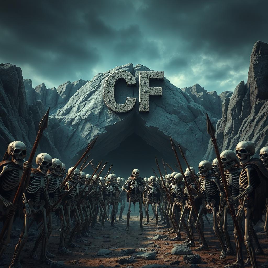 An army of skeletons gathered in formation before a vast cave, where the initials 'CF' are boldly emblazoned above the entrance in an imposing manner