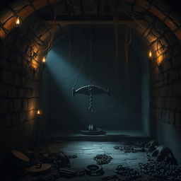 A dark and atmospheric dungeon scene showcasing a medieval setting with stone walls, flickering torches, and eerie shadows