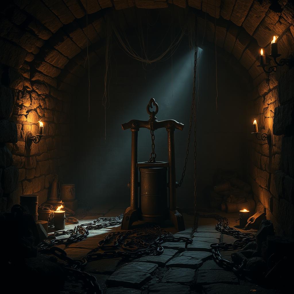 A dark and atmospheric dungeon scene showcasing a medieval setting with stone walls, flickering torches, and eerie shadows