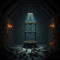 A dark and atmospheric dungeon scene showcasing a medieval setting with stone walls, flickering torches, and eerie shadows