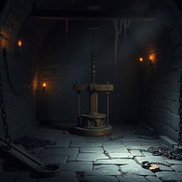 A dark and atmospheric dungeon scene showcasing a medieval setting with stone walls, flickering torches, and eerie shadows