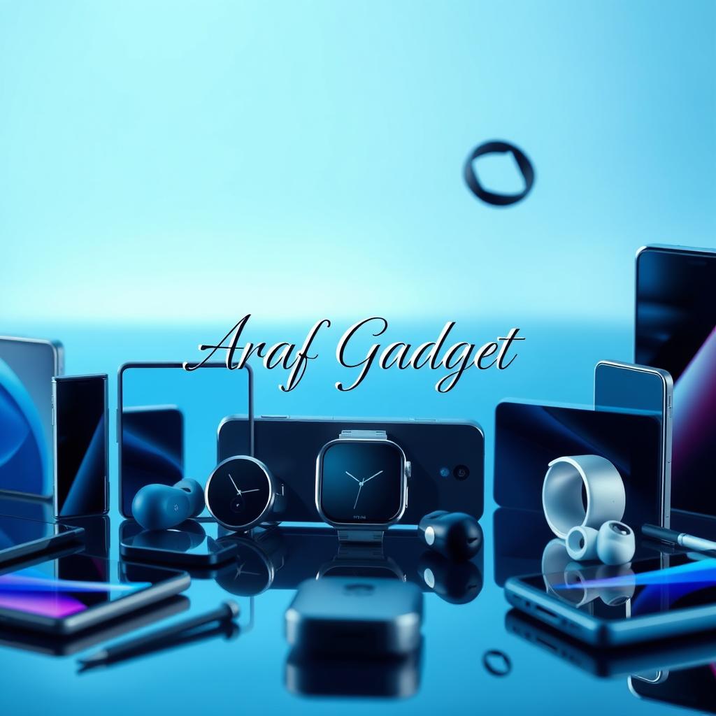 A vibrant and modern background featuring an array of high-tech gadgets and devices