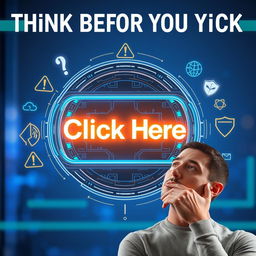 A conceptual image illustrating the phrase 'Think Before You Click'