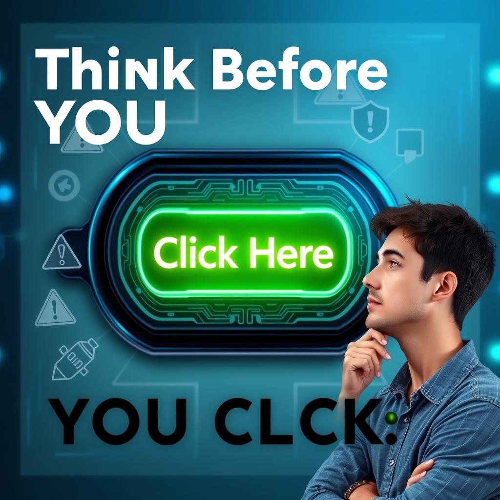 A conceptual image illustrating the phrase 'Think Before You Click'