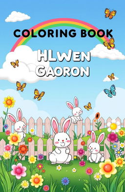 A charming children's coloring book cover featuring a whimsical garden scene filled with cheerful flowers, bouncing bunnies, and colorful butterflies