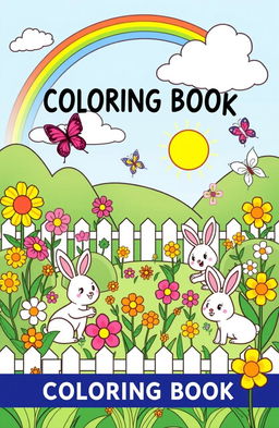 A charming children's coloring book cover featuring a whimsical garden scene filled with cheerful flowers, bouncing bunnies, and colorful butterflies