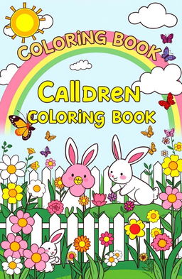 A charming children's coloring book cover featuring a whimsical garden scene filled with cheerful flowers, bouncing bunnies, and colorful butterflies