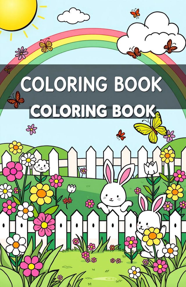 A charming children's coloring book cover featuring a whimsical garden scene filled with cheerful flowers, bouncing bunnies, and colorful butterflies