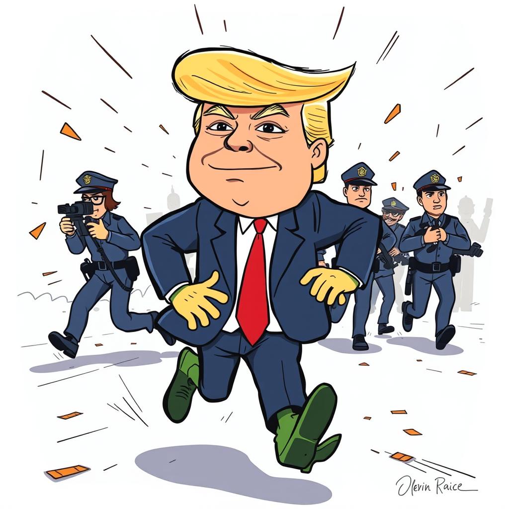 A cartoon illustration of Donald Trump with a Pepe the Frog meme face, comically running away from a group of cartoonish police officers