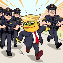 A cartoon illustration of Donald Trump with a Pepe the Frog meme face, comically running away from a group of cartoonish police officers