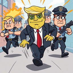 A cartoon illustration of Donald Trump with a Pepe the Frog meme face, comically running away from a group of cartoonish police officers