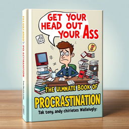 A humorous and eye-catching book cover design titled 'Get Your Head Out Your Ass: The Ultimate Book of Procrastination'