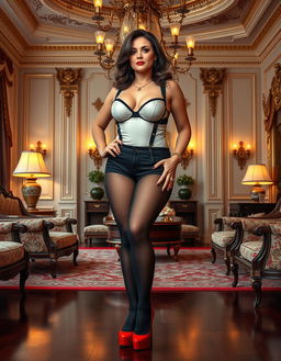 A photorealistic image of a palatial bedroom featuring a woman around the age of 40 standing confidently