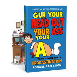 A witty and engaging book cover design titled 'Get Your Head Out Your Ass: The Ultimate Book of Procrastination'