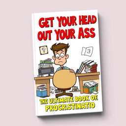 A witty and engaging book cover design titled 'Get Your Head Out Your Ass: The Ultimate Book of Procrastination'