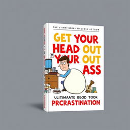 A witty and engaging book cover design titled 'Get Your Head Out Your Ass: The Ultimate Book of Procrastination'