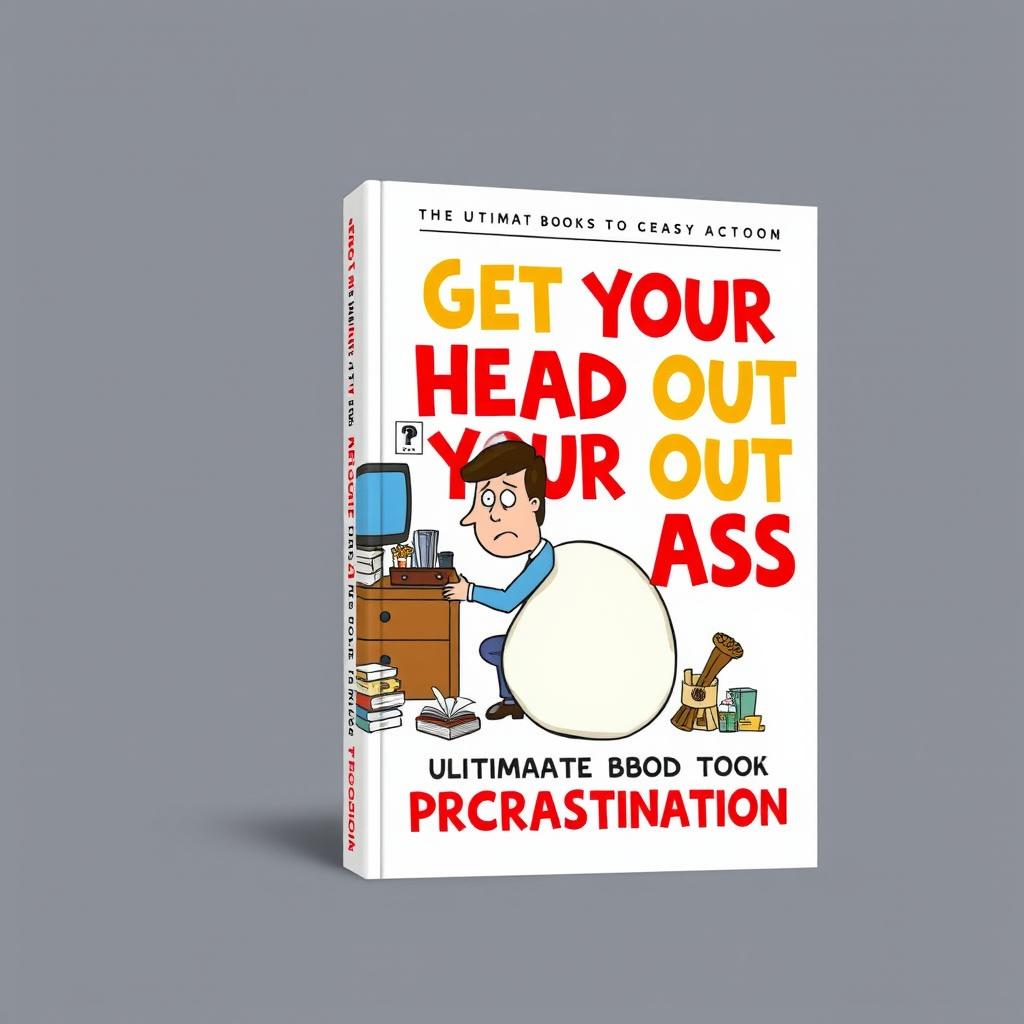 A witty and engaging book cover design titled 'Get Your Head Out Your Ass: The Ultimate Book of Procrastination'