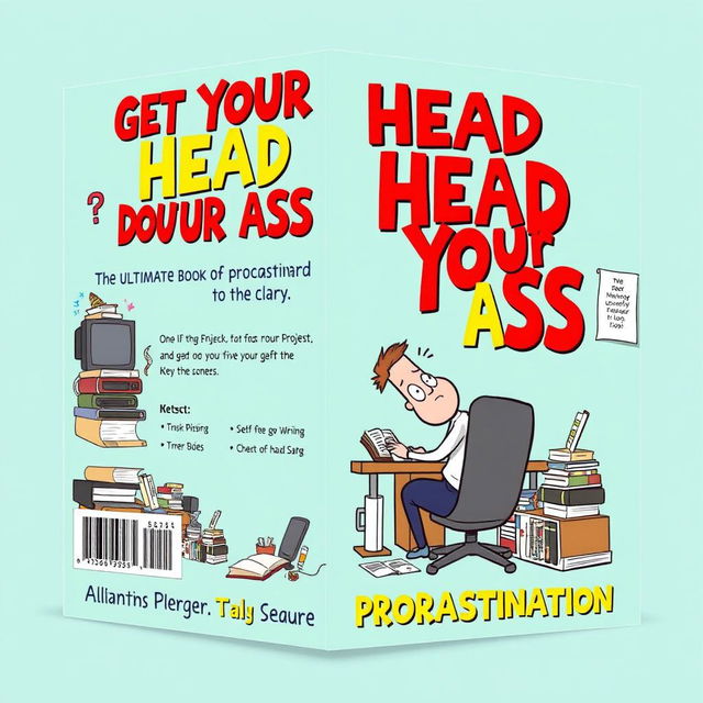 A witty and engaging book cover design titled 'Get Your Head Out Your Ass: The Ultimate Book of Procrastination'